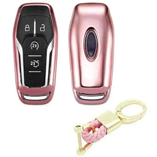 Royalfox(TM) 4 5 Buttons TPU Smart keyless Entry Remote Key Fob case Cover Keychain for Ford Mustang F-150 F-450 Explorer Taurus Fusion Edge,Lincoln MKZ MKC MKX (Pink)