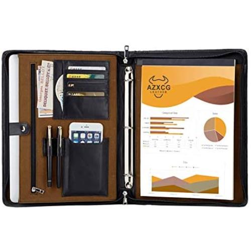 Genuine Leather 3 Ring Binder Handmade Portfolio Folder for 13.3 inches Tablet/Laptop,Business Padfolio Organizer,A4 Notebook/Notepad/Legal Pad Holder Valentines Days Gift for Men and Women,Black