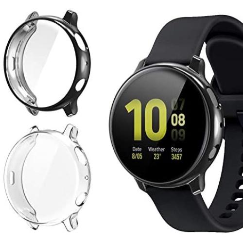 [2 Pack] Screen Protector Case for Samsung Galaxy Active 2 44mm, All-Around TPU Anti-Scratch Flexible Case Soft Protective Bumper Cover for Samsung Galaxy Watch Active 2. Clear and Black(44mm)