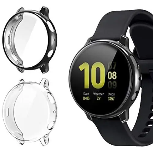 [2 Pack] Screen Protector Case for Samsung Galaxy Active 2 44mm, All-Around TPU Anti-Scratch Flexible Case Soft Protective Bumper Cover for Samsung Galaxy Watch Active 2. Clear and Black(44mm)