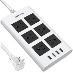 10 Ft Power Strip Surge Protector, JACKYLED 15A 14 AWG Flat Plug Long Extension Cord with 6 Wide Outlets 4 USB Ports, Fireproof Desktop Charger for Phone Laptop Home Office Dorm Hotel RV Travel, White