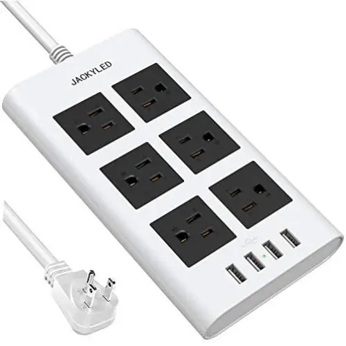 10 Ft Power Strip Surge Protector, JACKYLED 15A 14 AWG Flat Plug Long Extension Cord with 6 Wide Outlets 4 USB Ports, Fireproof Desktop Charger for Phone Laptop Home Office Dorm Hotel RV Travel, White