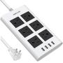 10 Ft Power Strip Surge Protector, JACKYLED 15A 14 AWG Flat Plug Long Extension Cord with 6 Wide Outlets 4 USB Ports, Fireproof Desktop Charger for Phone Laptop Home Office Dorm Hotel RV Travel, White