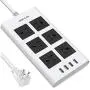10 Ft Power Strip Surge Protector, JACKYLED 15A 14 AWG Flat Plug Long Extension Cord with 6 Wide Outlets 4 USB Ports, Fireproof Desktop Charger for Phone Laptop Home Office Dorm Hotel RV Travel, White