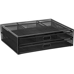 MOUNT-IT! Mesh Computer Monitor Stand Riser [Metal] Desk Organizer with Two Pullout Storage Drawers for Desktop, Laptop, and Printer Accessories and Office Supplies (Black)
