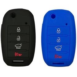 Coolbestda 2Pcs Silicone 4buttons Flip Folding Key Fob Remote Skin Cover Protector Keyless Entry Case for Kia Sorento Sportage Rio Soul Forte Optima Carens Black Blue （Not Fit Smart Key Fob）