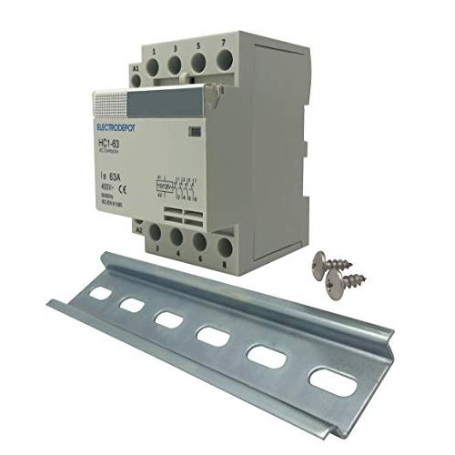 Electrodepot 60 Amp 4 Pole Normally Open Contactor, 110-120V Coil, Motor Load 40A, Lighting 63A Bundle with Slotted Steel Zinc Plated DIN Rail, 35 Millimeters x 6 Inches – 1 Piece with 2 Number 10 Screws
