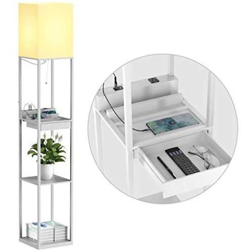 SUNMORY Shelf Floor Lamp with 3-Way Dimmable LED Bulb,Standing Lamp by Solid Wood with 2 USB Ports & 1 Power Outlet & 1 Drawer，Corner Storage Standing Bookshelf Lamp for Bedroom and Living Room