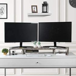 J JACKCUBE DESIGN Rustic Wood Dual Monitor Stand with Adjustable Angle Riser 2 Monitors Office Desk Organizer Computer Table top Screen Shelf for PC TV Laptop - MK547A