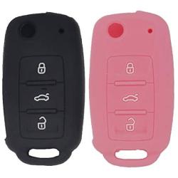 LemSa 2Pcs Silicone Keyless Entry Remote Car Smart Key Fob for VW Volkswagen Jetta GTI Passat Golf Tiguan Touareg Beetle, Black/Pink