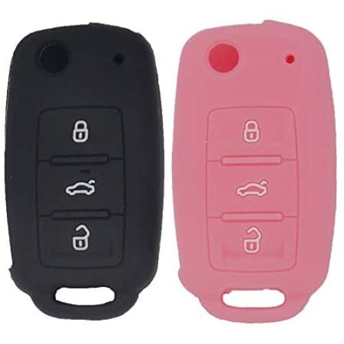 LemSa 2Pcs Silicone Keyless Entry Remote Car Smart Key Fob for VW Volkswagen Jetta GTI Passat Golf Tiguan Touareg Beetle, Black/Pink