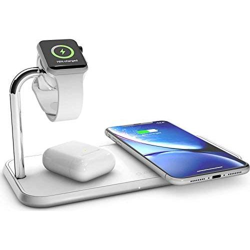 Dual 10-Watt Aluminum Wireless Charging Pad and Watch Charger Station, Qi and MFi Certified, Supports Apple and Samsung Fast Charge, Adapter Included, White