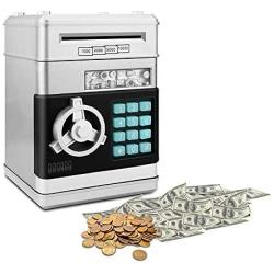 HeQiao Piggy Bank Password Safe Electronic Auto Scrolled Paper Money Banks Digital Coin Bank Money Box (Silver)