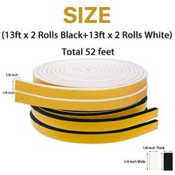 Weather Stripping for Doors-4 Rolls, 1/4 Inch Wide X 1/8 Inch Thick Total 52 Feet Long, High Density Adhesive Foam Tape Window Insulation Gasket Tape (13ft x 2 Rolls Black+13ft x 2 Rolls White)