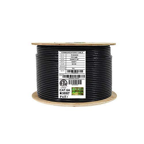 CAT6A Shielded Riser (CMR), 1000ft, F/UTP 23AWG, Solid Bare Copper, 650MHz, 10Gb, UL Certified, UL-LP Certification, Bulk Ethernet Cable Reel in Black