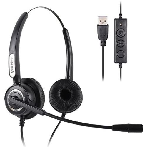 VoiceJoy Call Center Noise Cancelling Corded Binaural Headset Headphone with Mic Microphone with USB Plug for Computer and Laptop, Volume Control and Mute Switch