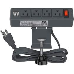 Desk Clamp Power Strip, Desktop Clamp Mount Power Outlet with 2 USB Ports, 4 AC Outlets, Mountable Desk Outlet Removable Power Plugs with 6.56ft Power Cord (Grey)