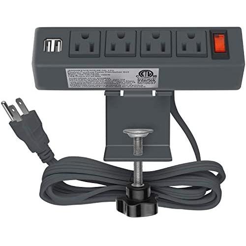 Desk Clamp Power Strip, Desktop Clamp Mount Power Outlet with 2 USB Ports, 4 AC Outlets, Mountable Desk Outlet Removable Power Plugs with 6.56ft Power Cord (Grey)