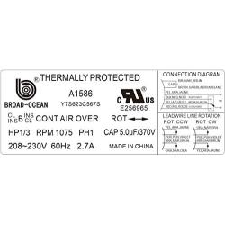 A1586, 1/3HP 230V Air Handler Motor, 1075RPM, 2.7AMP