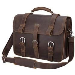 Polare Mens Full Grain Leather 16 Briefcase Shoulder Messenger Bag Fit 15.6 Laptop
