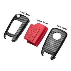 TANGSEN Flip Key Fob Case for Buick Encore Chevrolet Equinox Orlando Sonic Spark Trax GMC Terrain 3 4 Button Keyless Entry Remote Personalized Cover Plastic Carbon Fiber Pattern Red Silicone