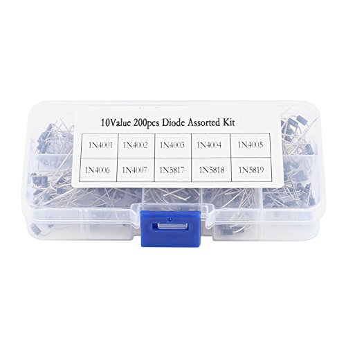 Rectifier Diode Assortment Kit, 10 Values Electronic Rectifying Diodes with Clear Storage Box, Total 200 PCS