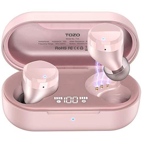TOZO T12 Wireless Earbuds Bluetooth Headphones Premium Fidelity Sound Quality Wireless Charging Case Digital LED Intelligence Display IPX8 Waterproof Earphones Built-in Mic Headset for Sport Rose Gold