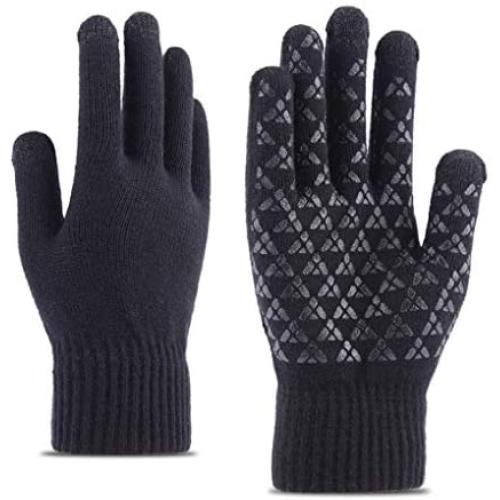WaitingU Thicken Soft Knitted Texting Touch Screen Gloves for Smartphones PC Laptop Tablet Driving Skiing and Cycling Outdoor Gloves with Anti-Slip Design (A-Black)