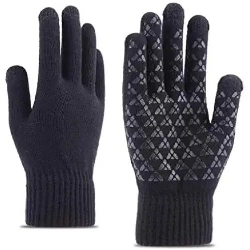 WaitingU Thicken Soft Knitted Texting Touch Screen Gloves for Smartphones PC Laptop Tablet Driving Skiing and Cycling Outdoor Gloves with Anti-Slip Design (A-Black)