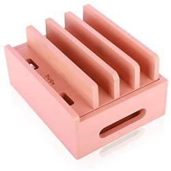 Huga Bamboo Charging Station & Multiple Device Organizer for Cellphone, Smart Watch and Tablet (Pink)