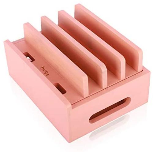 Huga Bamboo Charging Station & Multiple Device Organizer for Cellphone, Smart Watch and Tablet (Pink)