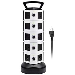 Power Strip Tower JACKYLED Surge Protector Electric Charging Station 3000W 13A 18 AC Outlets 4 USB Ports with 16AWG 6.5ft Heavy Duty Extension Cord for Home Office