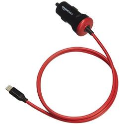 Amazon Basics Straight Cable Lightning Car Charger, 5V 12W, 3 Foot, Black and Red