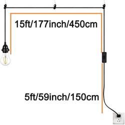 ACBungji 20ft Hanging Pendant Light Cord Kit with On/Off Switch Plug in,1 Pack Extension Wire with E26 E27 Lamp Socket,Shade Ring Holder for Lighting Cage,Black
