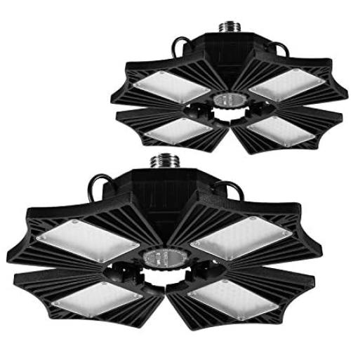 LED Garage Lights 2 Pack, 75W,12000 lumens LED Garage Ceiling Light, CRI 80, 6000K Daylight with 4 Adjustable Panels, E26/E27, shop light for Garage, Barn, Workshop,Warehouse