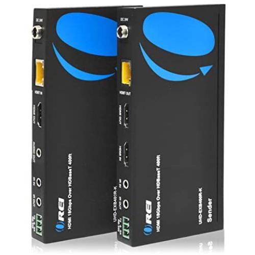 4K HDMI Extender Balun by OREI - HDBaseT UltraHD 4K @ 60Hz 4:4:4 Over Single CAT5e/6/7 Cable with HDR, CEC & IR Control, RS-232 - Up to 400 Ft - Loop Out - Power Over Cable - Audio Out (UHD-EXB400R-K)