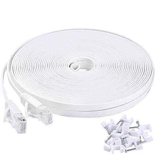 Cat 6 Ethernet Cable 50 ft White, Solid Flat Internet Network Computer Wire – Faster Than Cat5e/Cat5/network LAN Patch Cords, High Speed Cat6 LAN Wire with Clips& Snagless Rj45 Connectors for Router