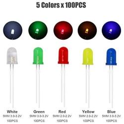 500pcs LED Diode Lights, LARSEBEI 5 Colors 5mm Light Emitting Diodes LED Assortment Kit Electronic Components, Diffused Round Light Bulb for Arduino/Experience, White Red Yellow Green Blue DIY set box