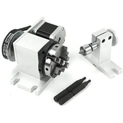 Reducing Ratio 4:1 CNC 4th-axis A-axis Rotation-axis, 4 Jaw K12-65mm Chuck Tip Indexing Head with Nema17 2-Phase 4-Wire Stepper Motor + 54mm Tailstock for CNC Router Engraving Machine