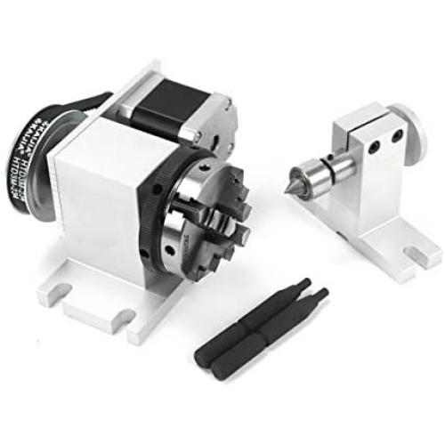 Reducing Ratio 4:1 CNC 4th-axis A-axis Rotation-axis, 4 Jaw K12-65mm Chuck Tip Indexing Head with Nema17 2-Phase 4-Wire Stepper Motor + 54mm Tailstock for CNC Router Engraving Machine