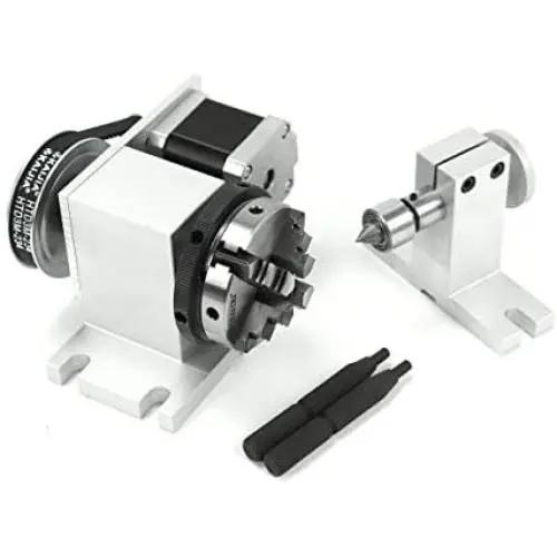 Reducing Ratio 4:1 CNC 4th-axis A-axis Rotation-axis, 4 Jaw K12-65mm Chuck Tip Indexing Head with Nema17 2-Phase 4-Wire Stepper Motor + 54mm Tailstock for CNC Router Engraving Machine