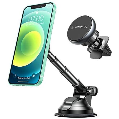 VANMASS Magnetic Phone Car Mount with 6 Powerful Rare-earth Magnets, Durable Aluminium Alloy Structure, Super Sticky Suction Cup, Cell Phone Holder for Car Dashboard Windshield Air Vent, for All Phone