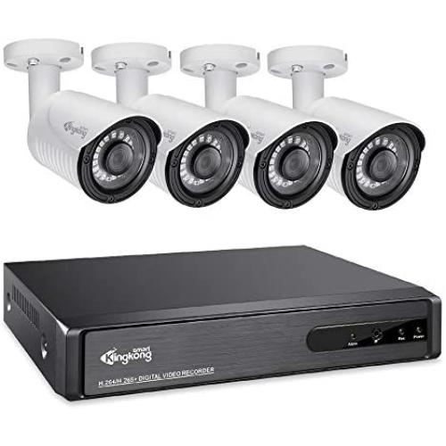 Kingkong Smart 5 in 1 Home Security Camera System Outdoor 4CH DVR Recorder with 4pcs 1080P CCTV Cameras, 3.6mm Lens, IP67 Weatherproof, 98ft Night Vision, Motion Alert (White)