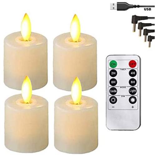 Battery Operated Led Rechargeble Remote Tea Lights Small Fake Votive Candles with Moving Flame Outdoor Flickering Flameless Electric Candle Light with Timer Can be Charged for Christmas-6 Pack