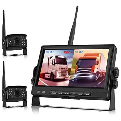 Backup Camera Wireless, Backup Camera for Trucks, Trailer Backup Camera System DVR Digital Wireless AHD Video Recording (Rear & Front View Camera) 7 inch Monitor for Bus/Motorhome 12V-24V Night Vision