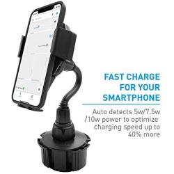 Macally Wireless Charging Car Mount, Cup Holder Phone Mount Charger Compatible with Fast Charging Qi 10W 7.5W 5W for iPhone 11 Max Pro Xs XS Max XR X 8 8 Plus Samsung Galaxy S10+ S10e S9 S8 Note etc.