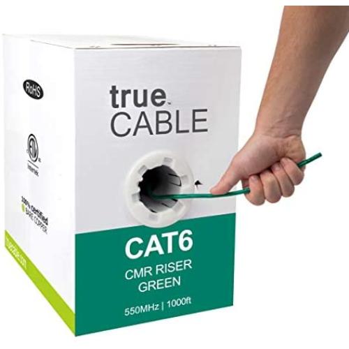 trueCABLE Cat6 Riser (CMR), 1000ft, Green, 23AWG 4 Pair Solid Bare Copper, 550MHz, ETL Listed, Unshielded Twisted Pair (UTP), Bulk Ethernet Cable