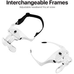 Flexzion Head Mount Magnifier w/Led Lights Lighting, Head Lamp 1X 1.5X 2X 2.5X 3.5X Magnifying Lens Glasses w/Headband Headset Loupe for Hands Free Close Up Work Jewelry Electronics Facial Reading