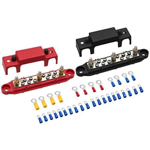 Mofeez Bus Bar -3x1/4”Post,10x#8 Screw Terminal Power Distribution Block with Ring Terminals(Pair - Red & Black)