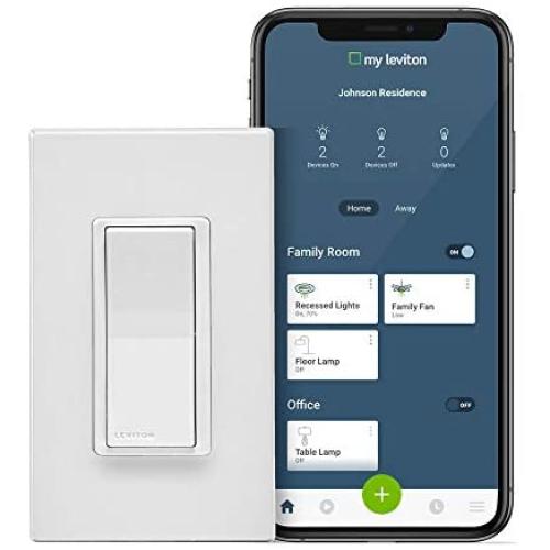 Leviton DW15S-1BZ Decora Smart Wi-Fi 15A Universal LED/Incandescent Switch, Works with Amazon Alexa, No Hub Required, 1-Pack, White